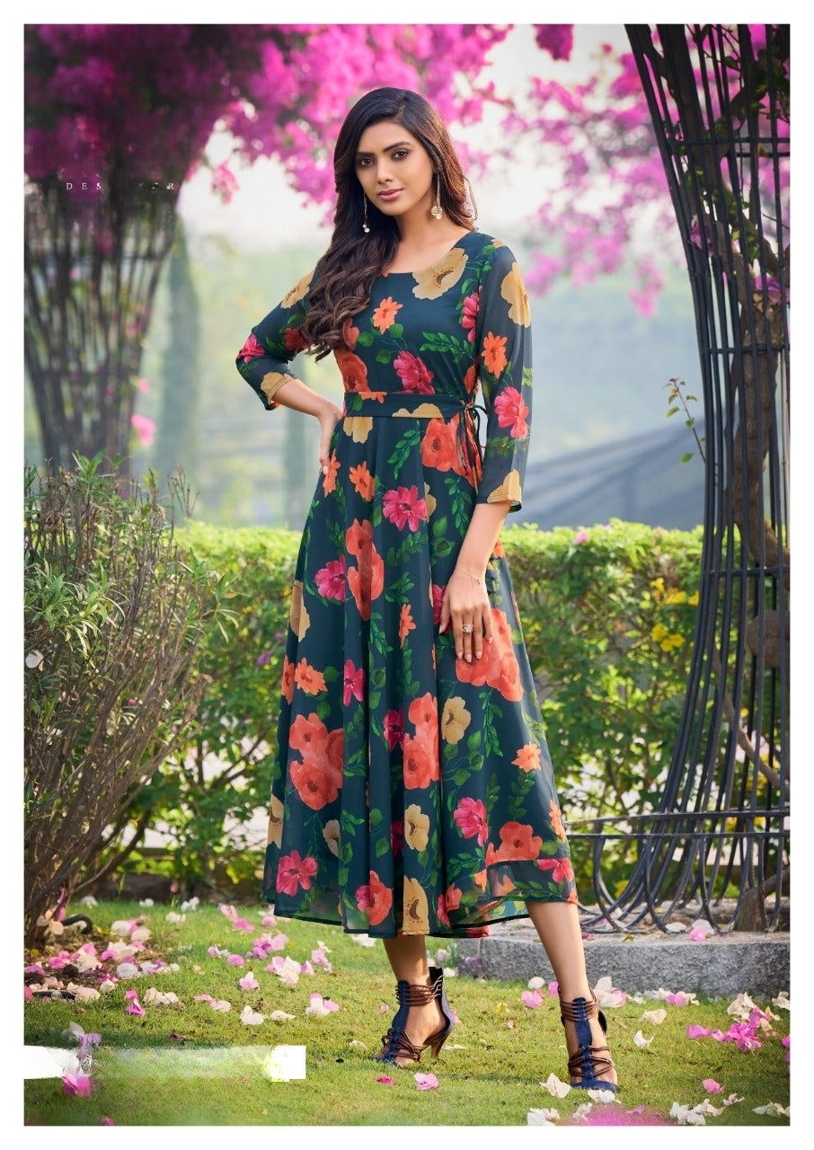 Green Color Floral Printed Fit and Flare Dress FABLYO