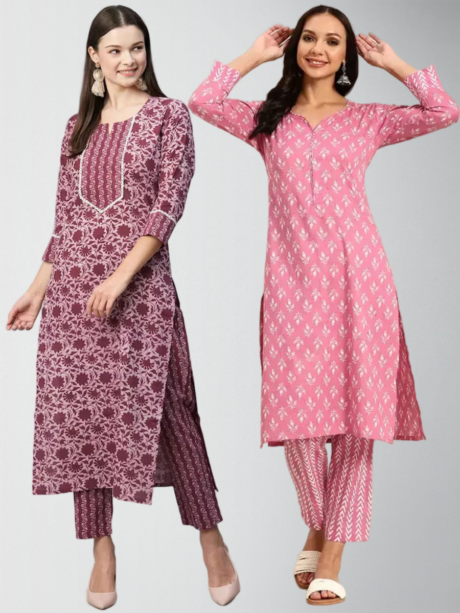 Blooming Printed Kurta Set With Pant Pack Of 2