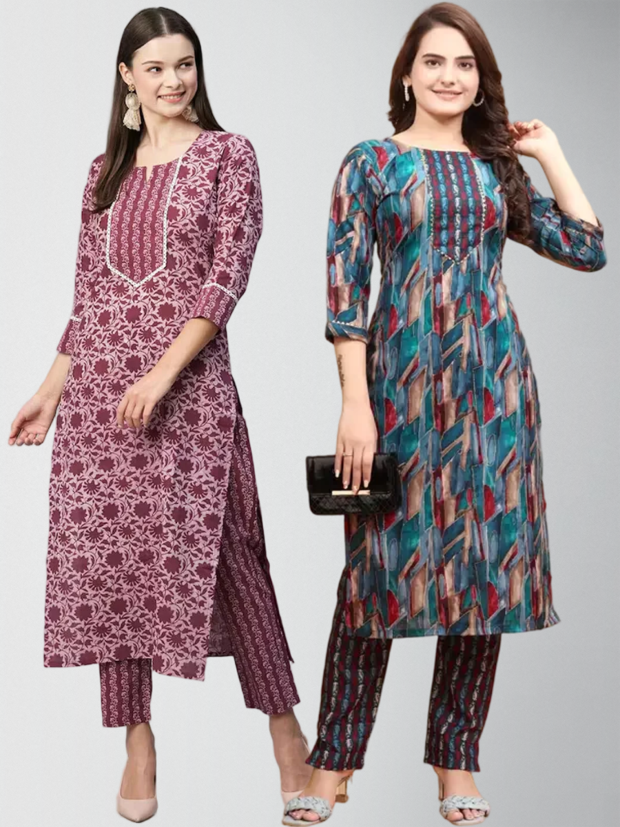 Elegant Printed Kurta Set With Pant Pack Of 2