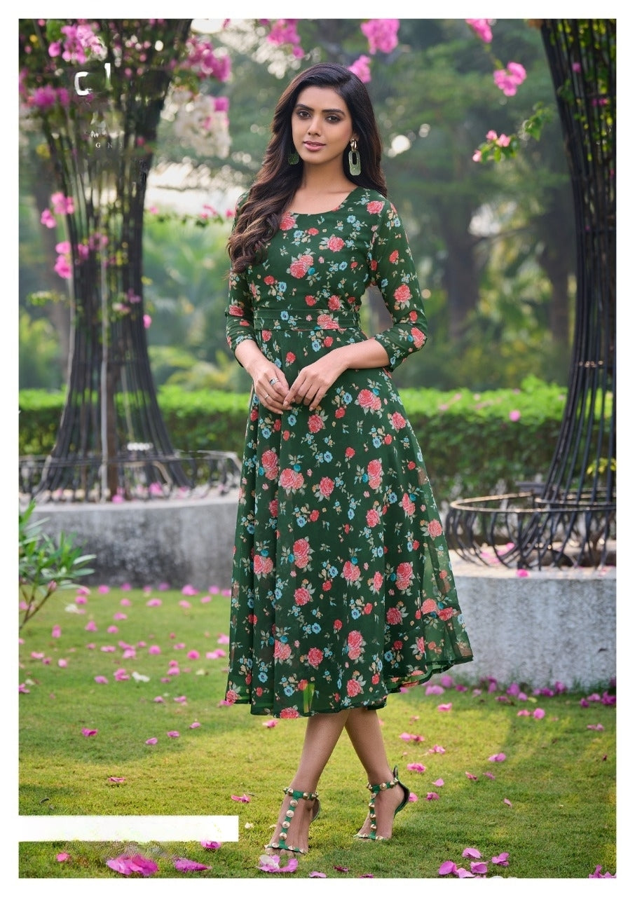 Dark Green Color Floral Printed Fit and Flare Dress