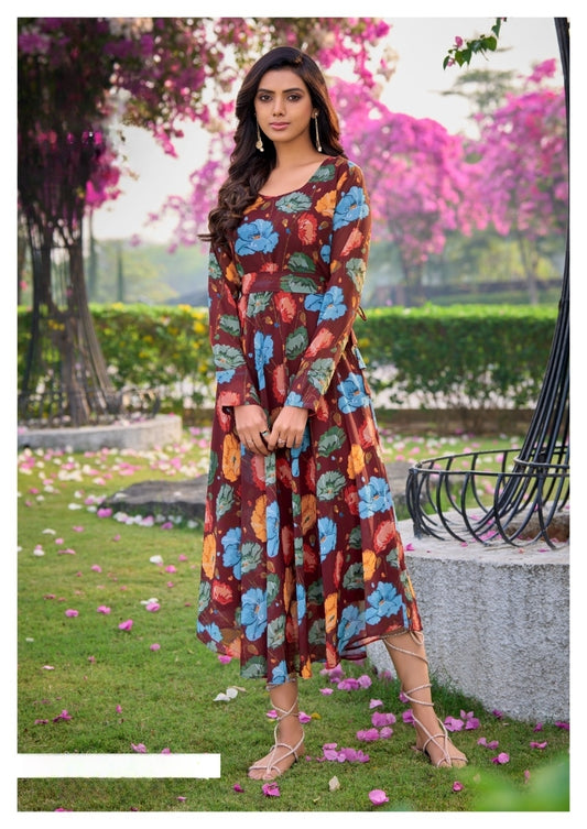 Wine Color Floral Printed Fit and Flare Dress