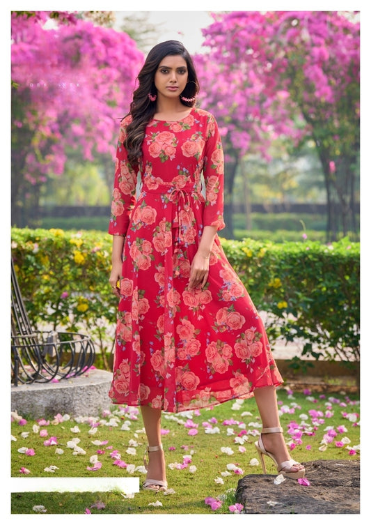 Red Color Floral Printed Fit and Flare Dress