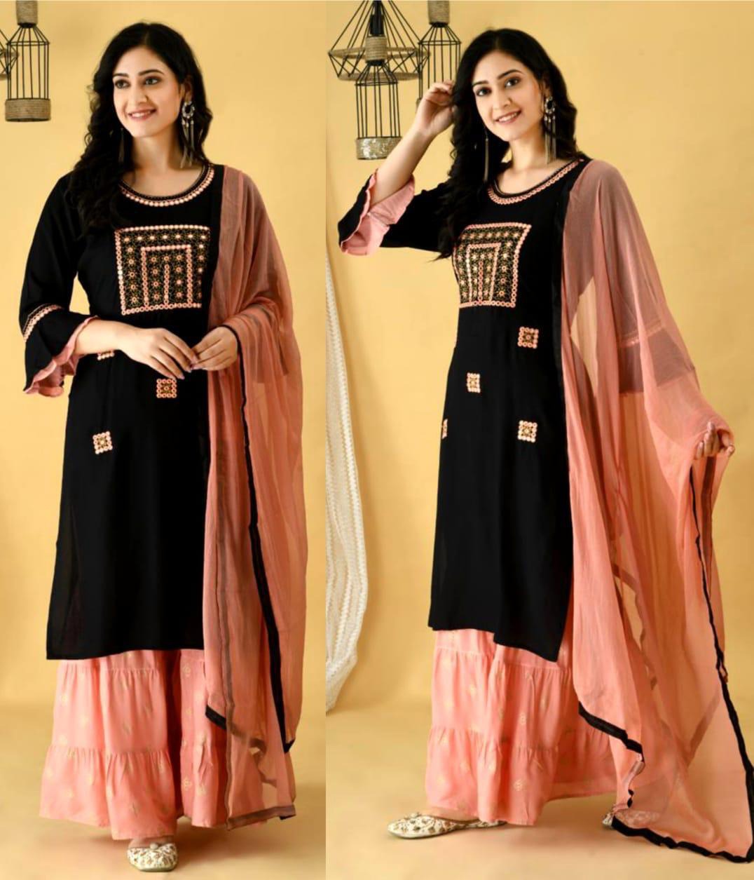 Black And Orange Color Embroidered Kurta Set With Dupaata