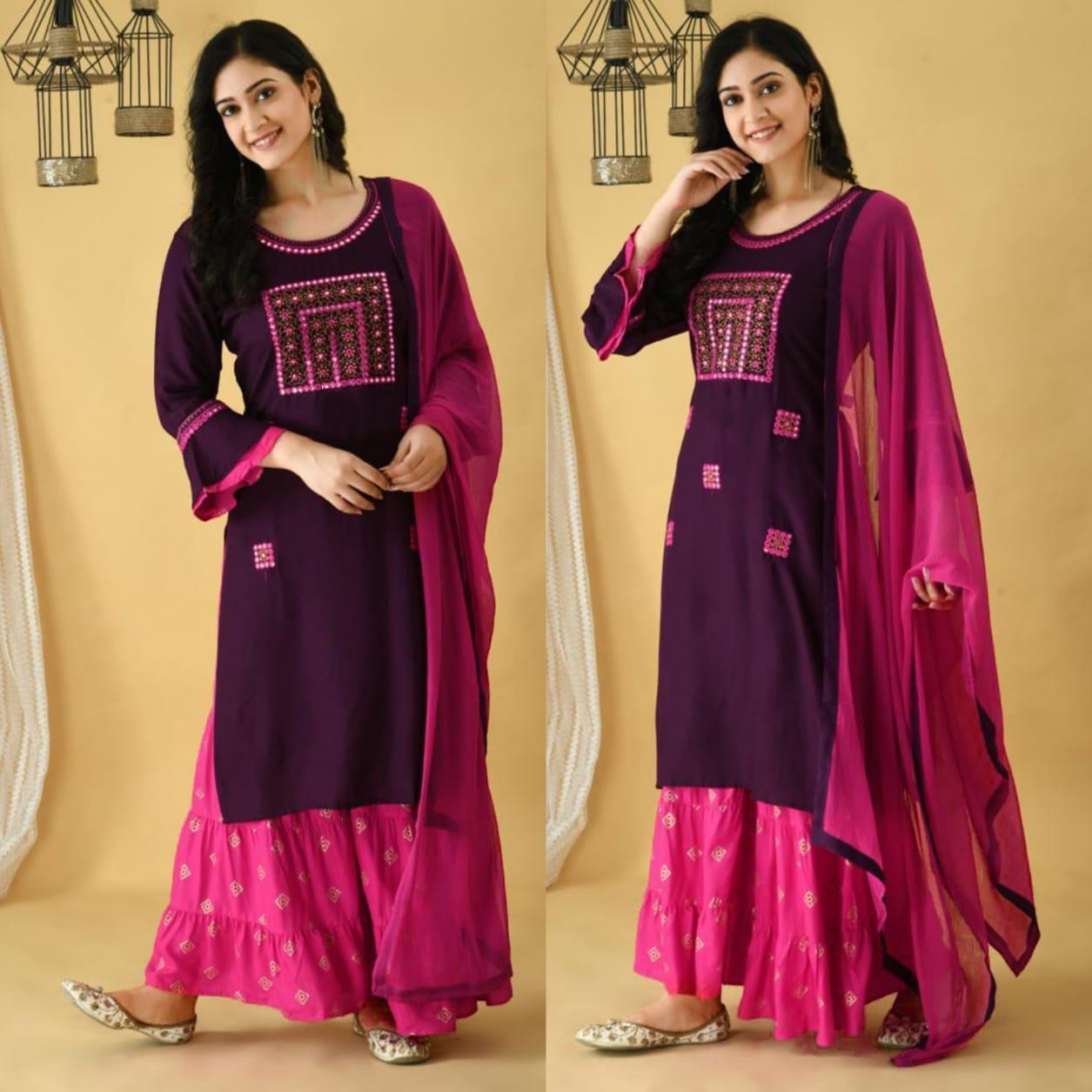 Wine and Pink Color Embroidered Kurta Set With Dupatta