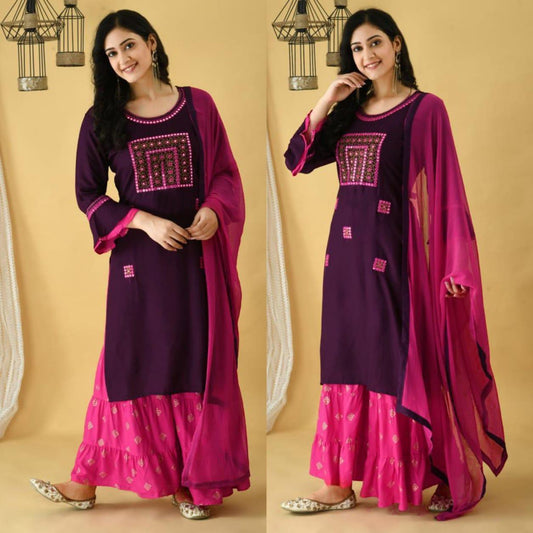 Wine and Pink Color Embroidered Kurta Set With Dupatta