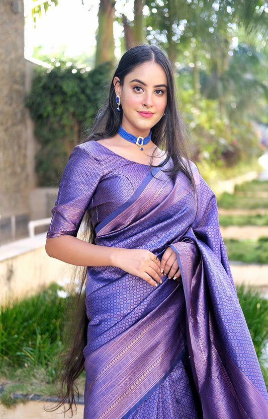 Royal Blue Color Combination Silk Saree With Attractive Blouse Piece