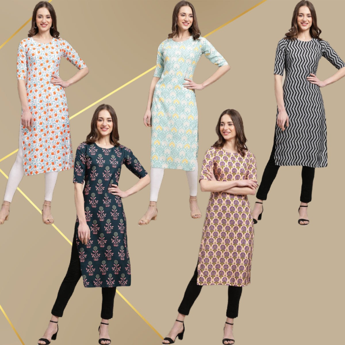 Attractive Printed Crepe Kurtis Combo Pack of 5