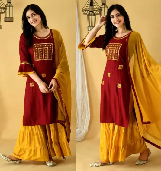 Maroon and Mustard Color Embroidered Kurta Set WIth Dupatta