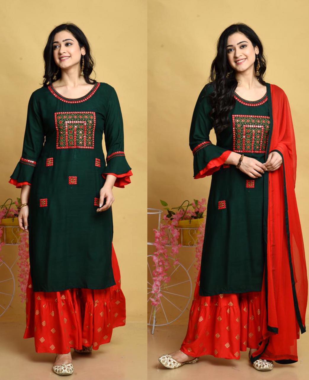 Green And Red Color Embroidered Kurta Set With Dupatta